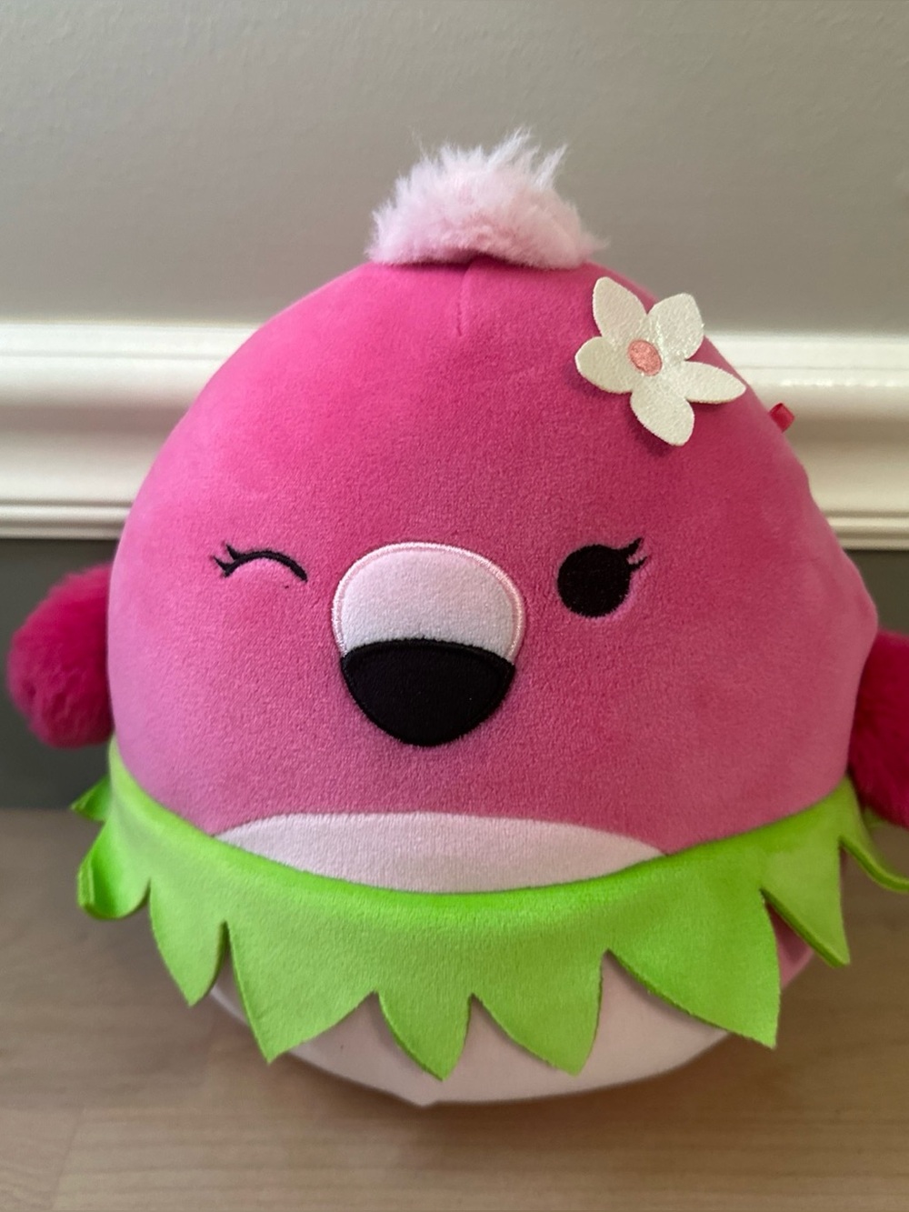 EUC Squishmallows Cookie Hot Pink Flamingo Hula Green Skirt Plush 9” Stuffed Toy